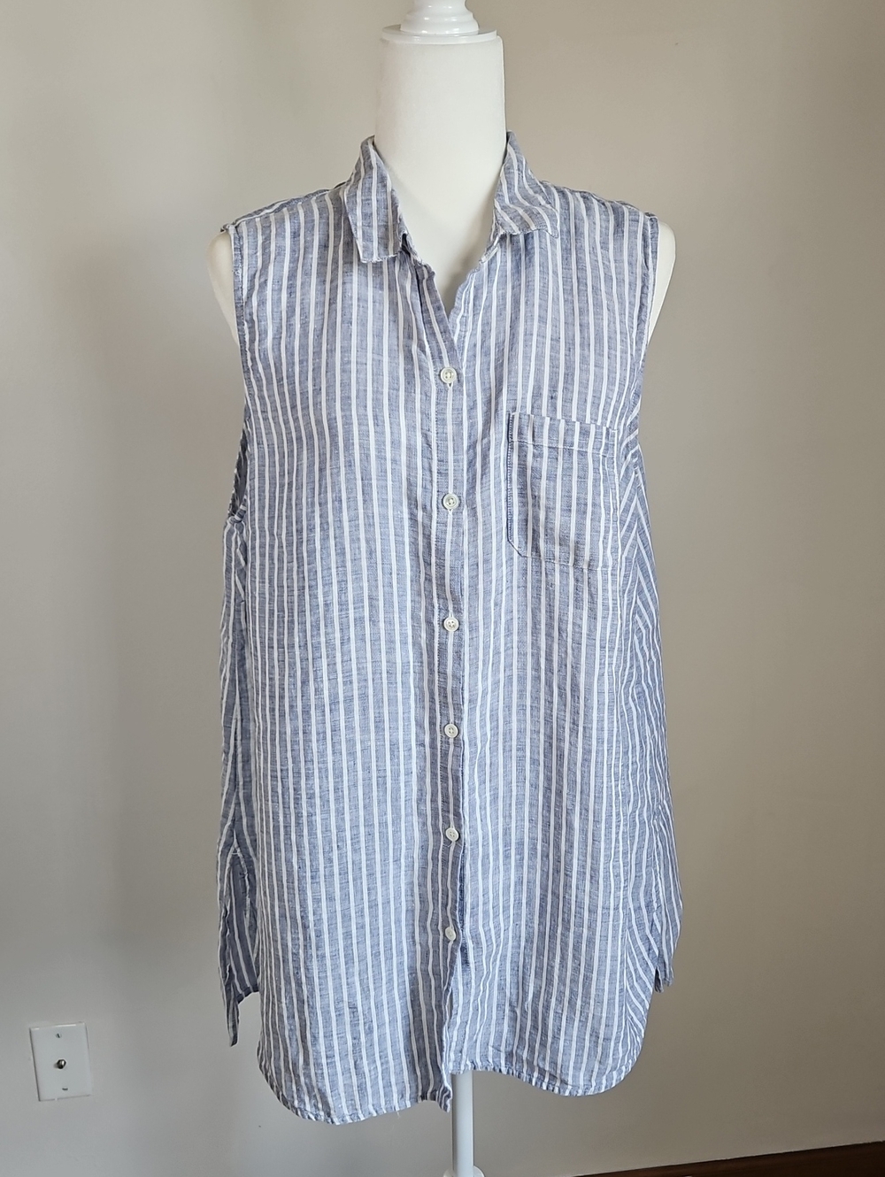 J Jill Linen Pinstripe Button Up Tunic Blouse Sleeveless LG Coastal Eco